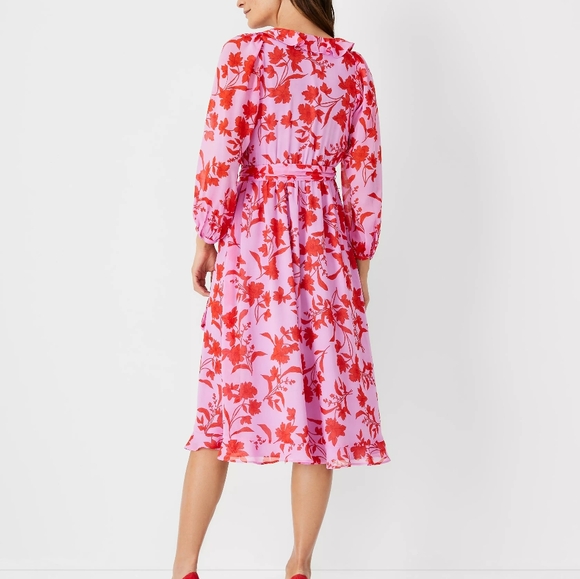 ANN TAYLOR Floral Ruffle Holiday Midi Dress - Picture 2 of 4